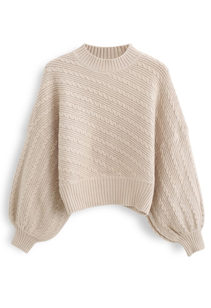 Batwing Sleeves Braid Knit Sweater in Tan