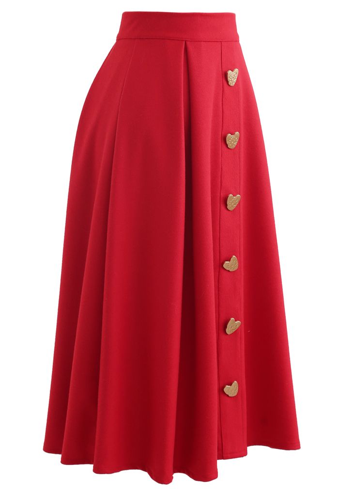 Heart Shape Button Embellished A-Line Midi Skirt in Red