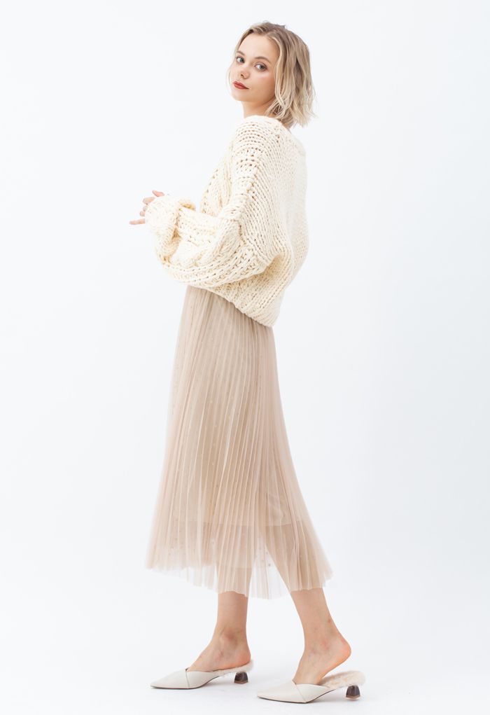 V-Neck Crop Hand-Knit Chunky Cardigan in Cream