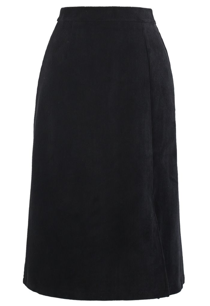 Front Split Corduroy Midi Skirt in Black