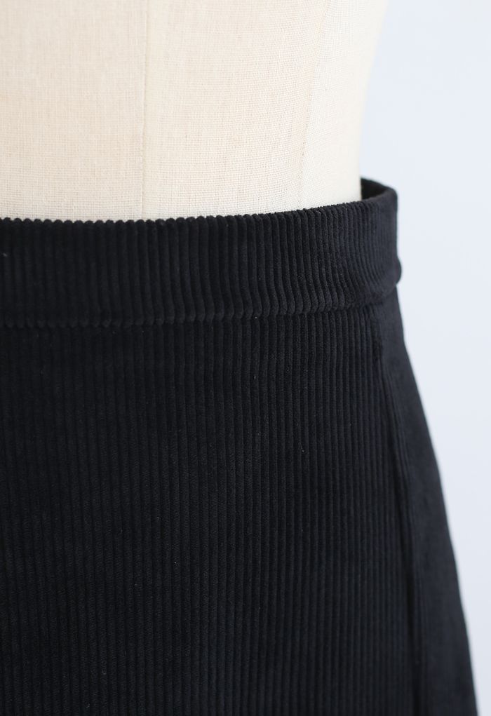 Front Split Corduroy Midi Skirt in Black