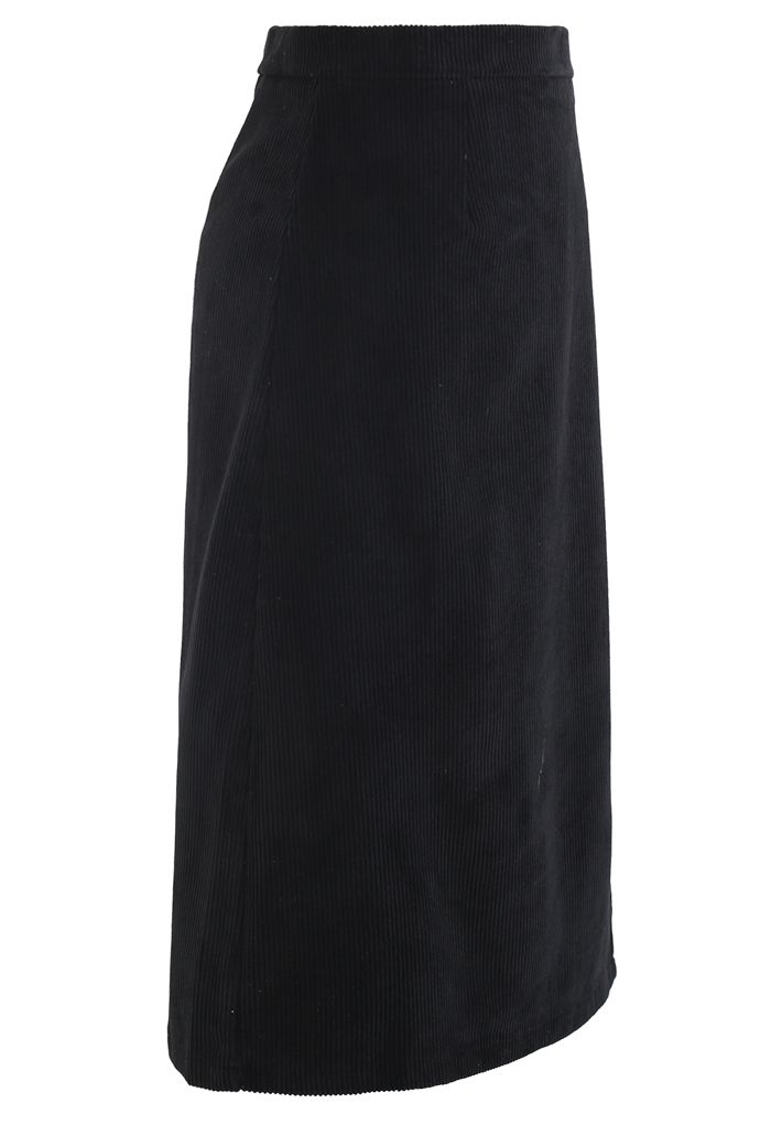 Front Split Corduroy Midi Skirt in Black