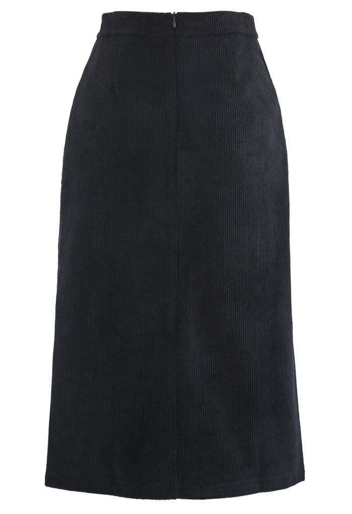 Front Split Corduroy Midi Skirt in Black