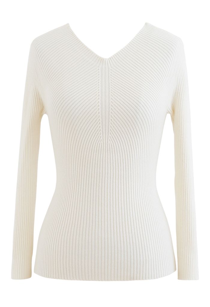 Seamless V-Neck Ribbed Knit Top in Cream