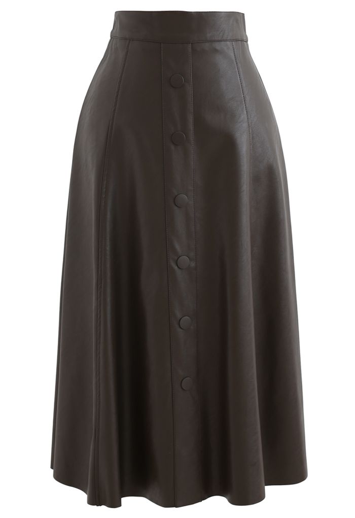 Buttoned Soft Faux Leather A-Line Skirt in Brown