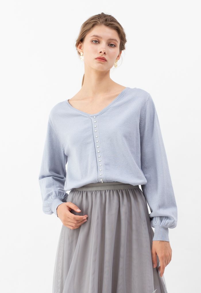 Pearl Trim Shimmer Knit Top in Blue