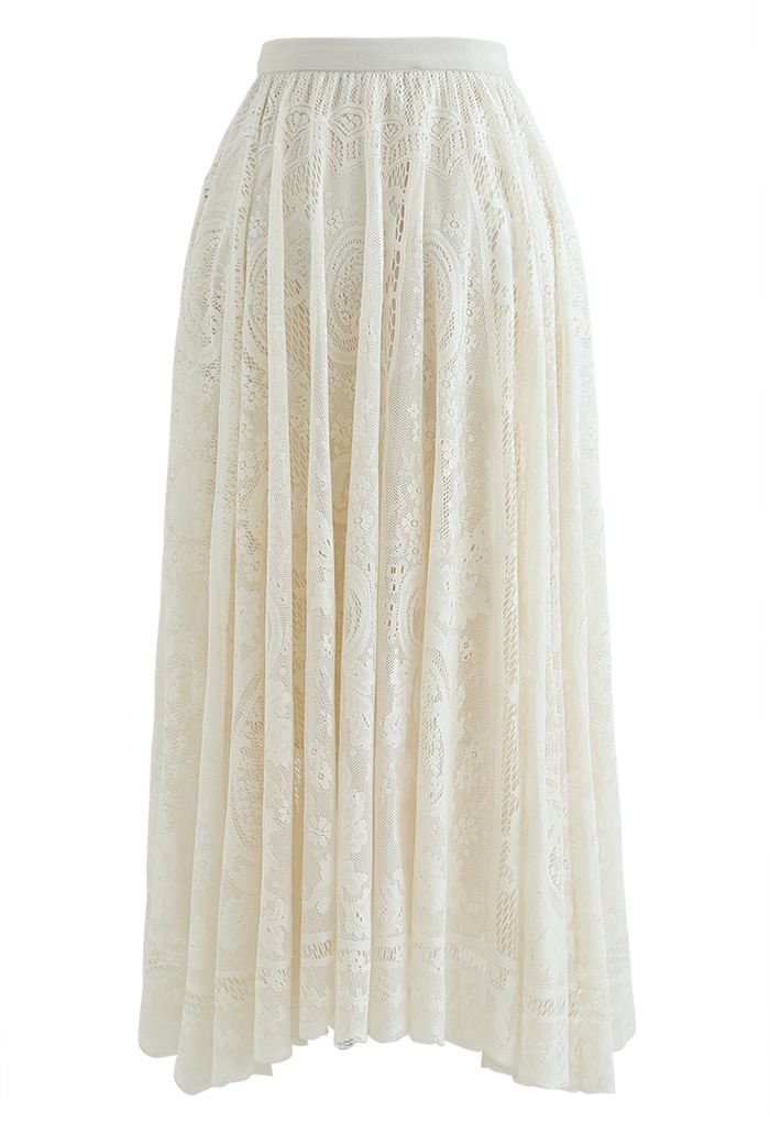 Divine Floral Lace Midi Skirt in Cream