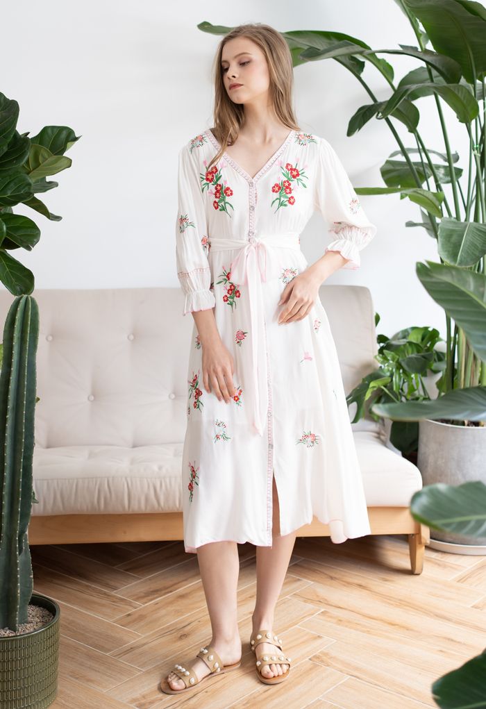 Red Bouquet Embroidered Tied Button Down Midi Dress