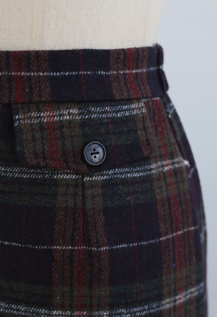 Plaid Pocket Trim Wool-Blend Pencil Skirt