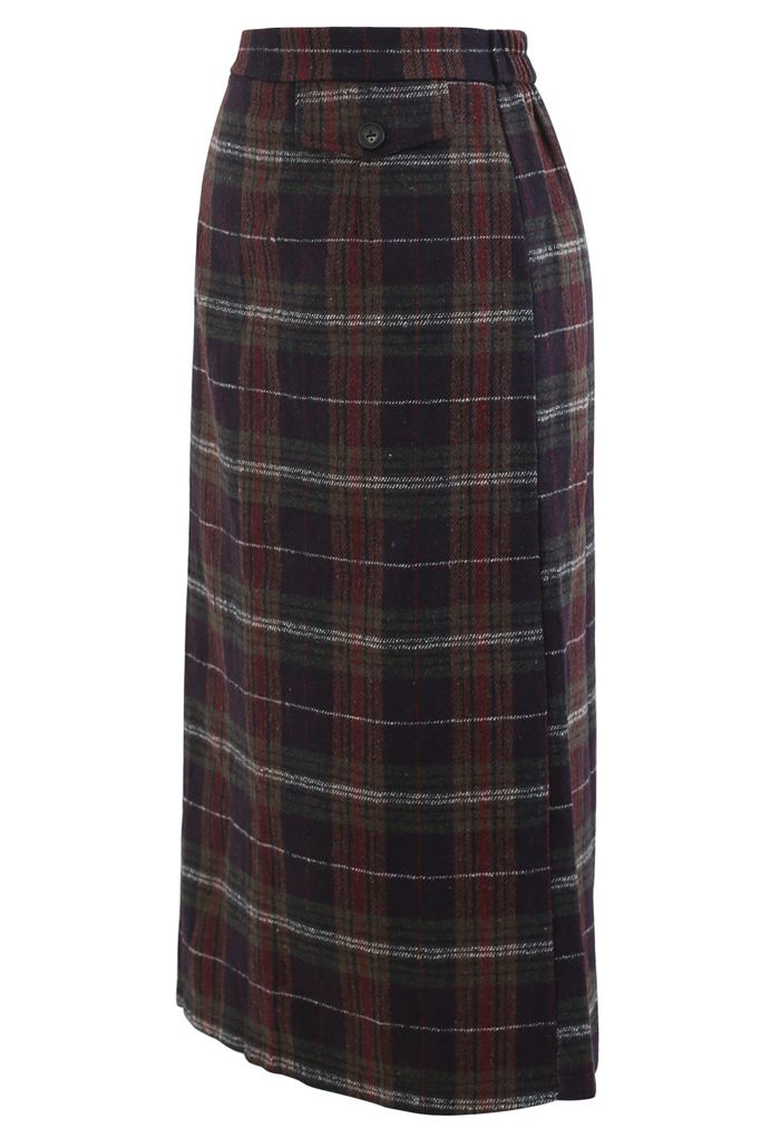 Plaid Pocket Trim Wool-Blend Pencil Skirt