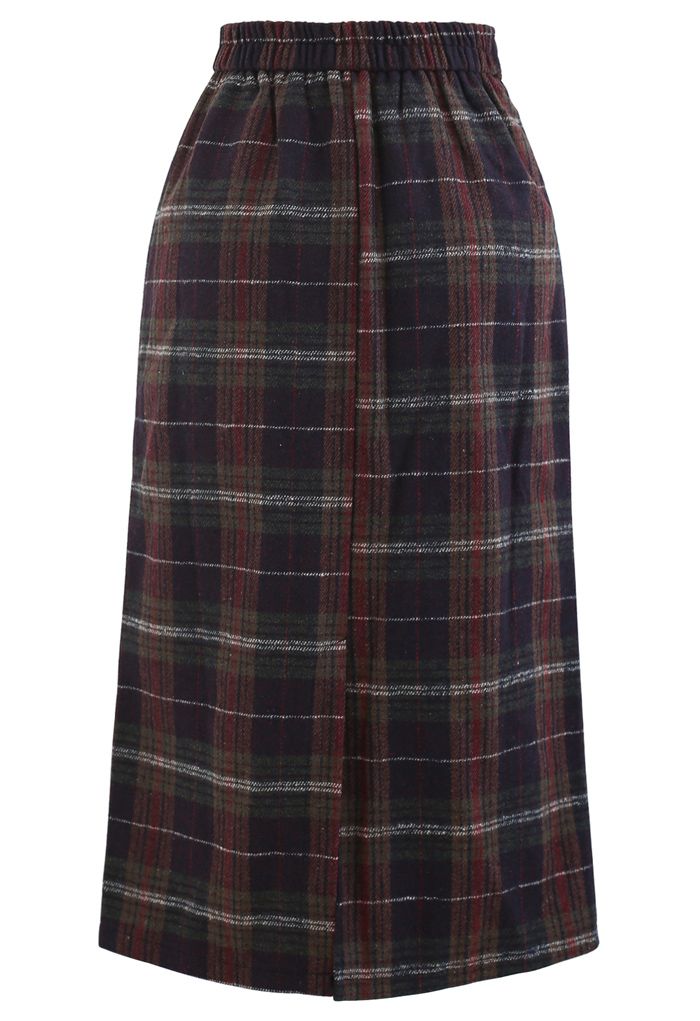 Plaid Pocket Trim Wool-Blend Pencil Skirt