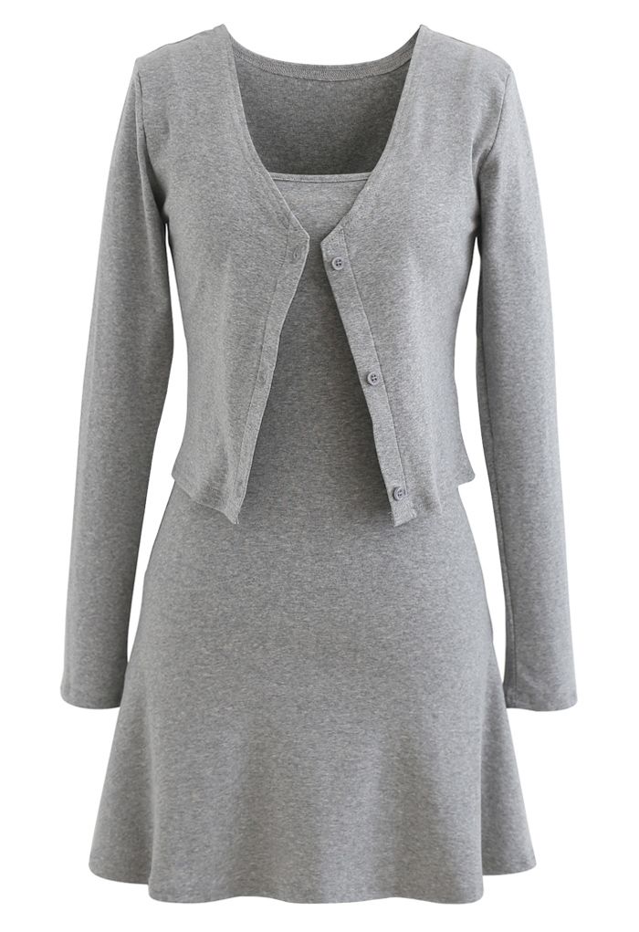 Cotton Blend V-Neck Button Twinset Dress in Grey