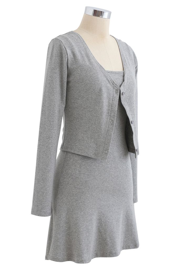 Cotton Blend V-Neck Button Twinset Dress in Grey