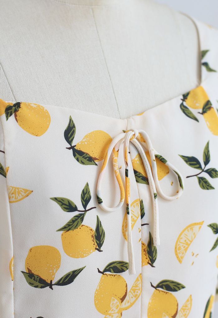 Lemon Print Square Neck Bowknot Crop Top