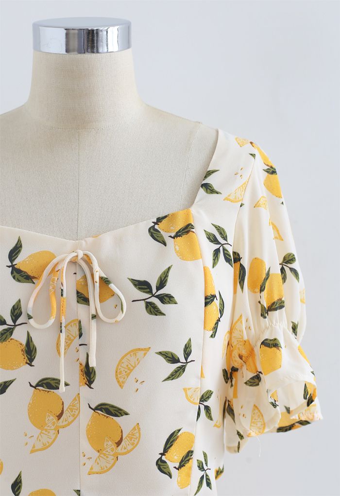 Lemon Print Square Neck Bowknot Crop Top