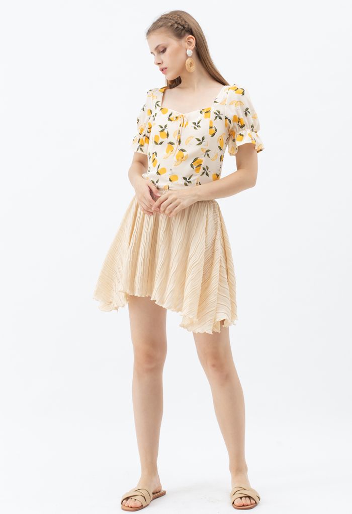 Lemon Print Square Neck Bowknot Crop Top