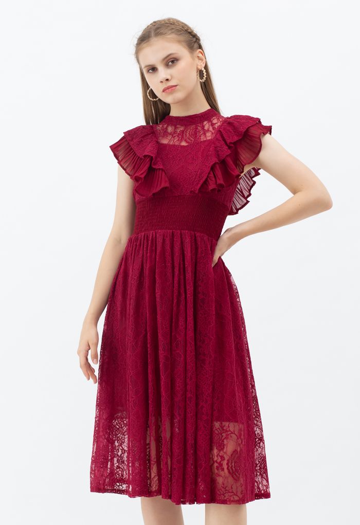 Tiered Ruffle Sleeveless Midi Lace Dress in Wine