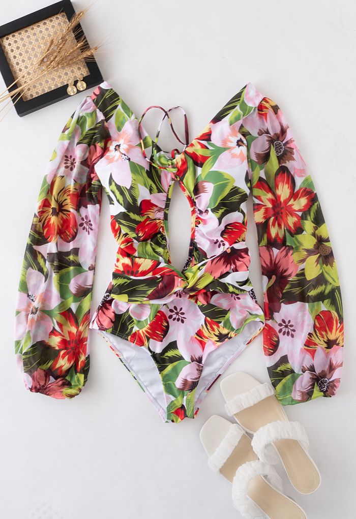 Mesh Sleeve Cut-Out Halter Swimsuit in Tropical Floral