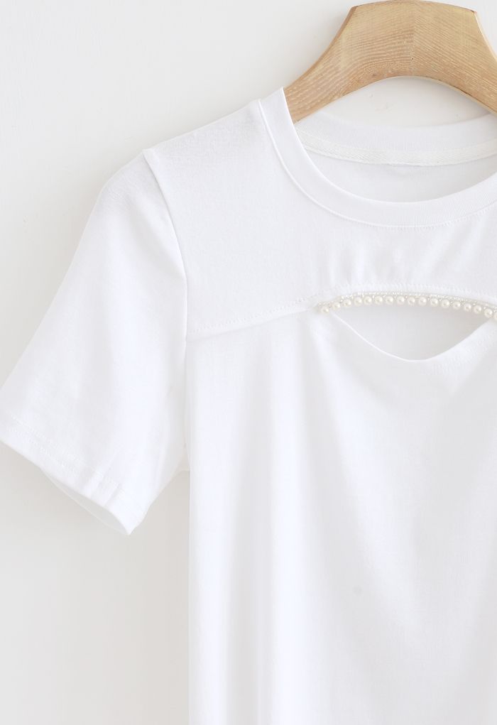 Front Cutout Pearls Fitted T-Shirt in White