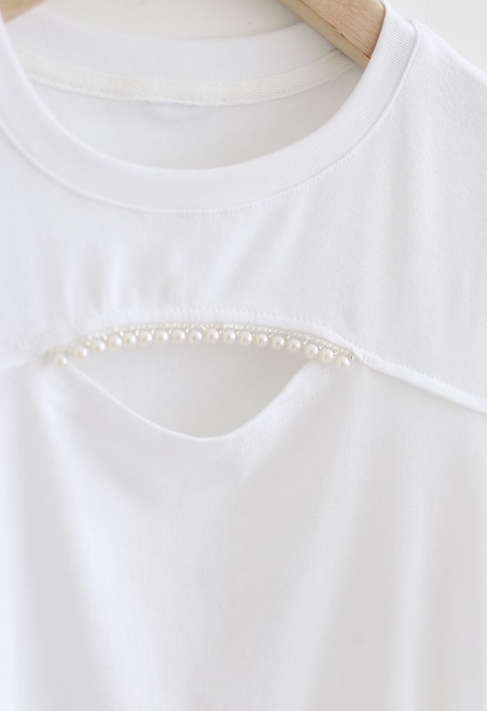 Front Cutout Pearls Fitted T-Shirt in White