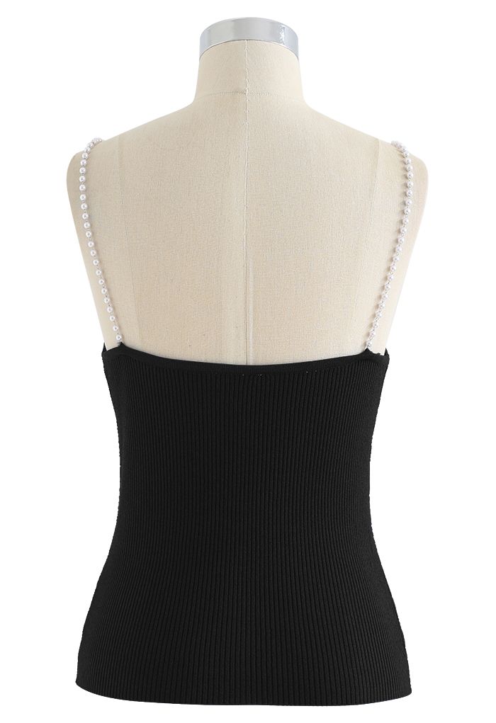 Pearl Straps Knit Cami Tank Top in Black