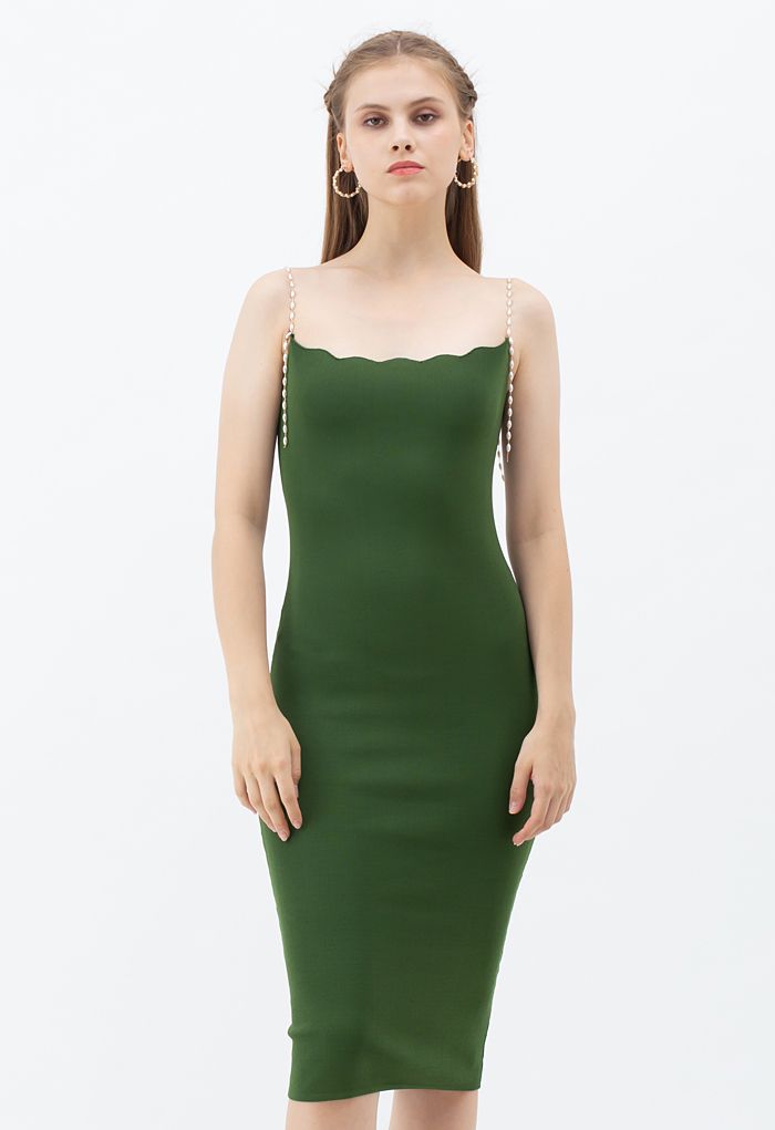 Pearl Straps Bodycon Knit Cami Dress in Green