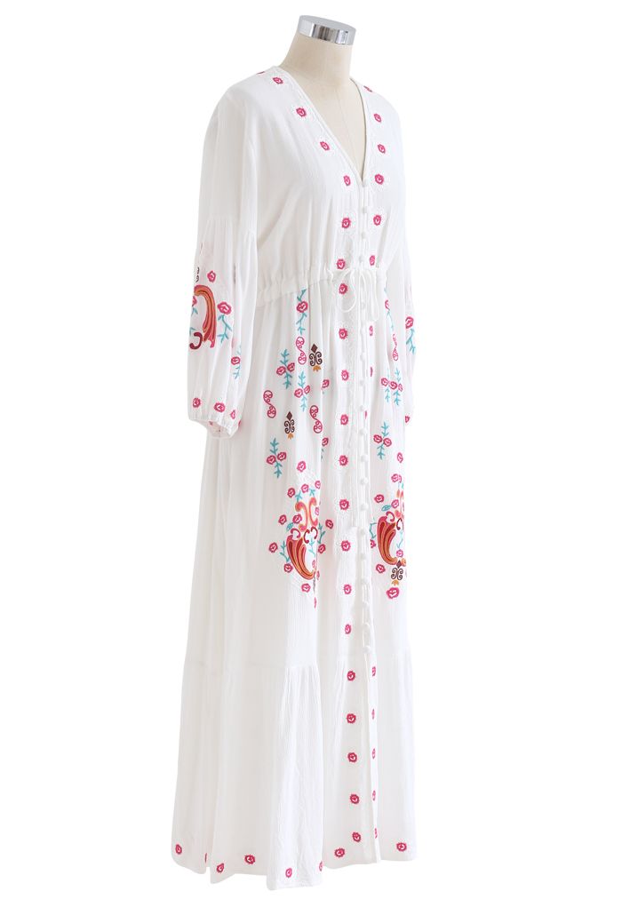 Button Down Embroidered Boho Maxi Dress