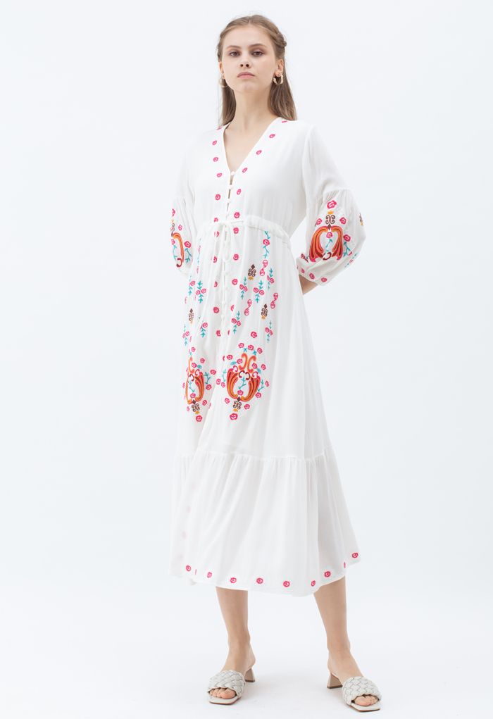 Button Down Embroidered Boho Maxi Dress