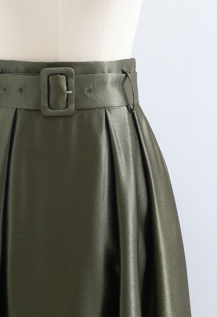 Belted Texture Flare Maxi Skirt in Moss Green