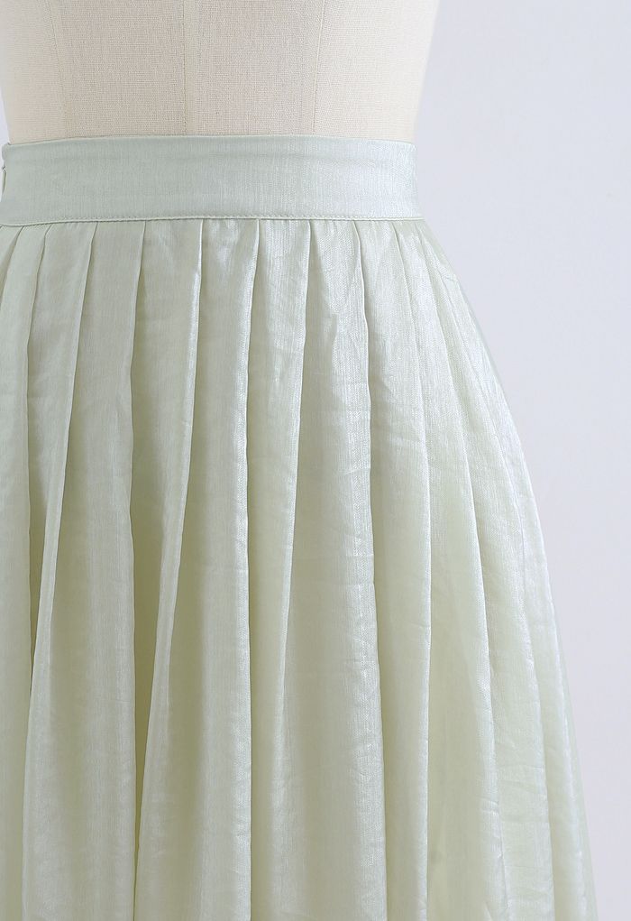 Shimmer Breeze Pleated A-Line Midi Skirt in Pea Green