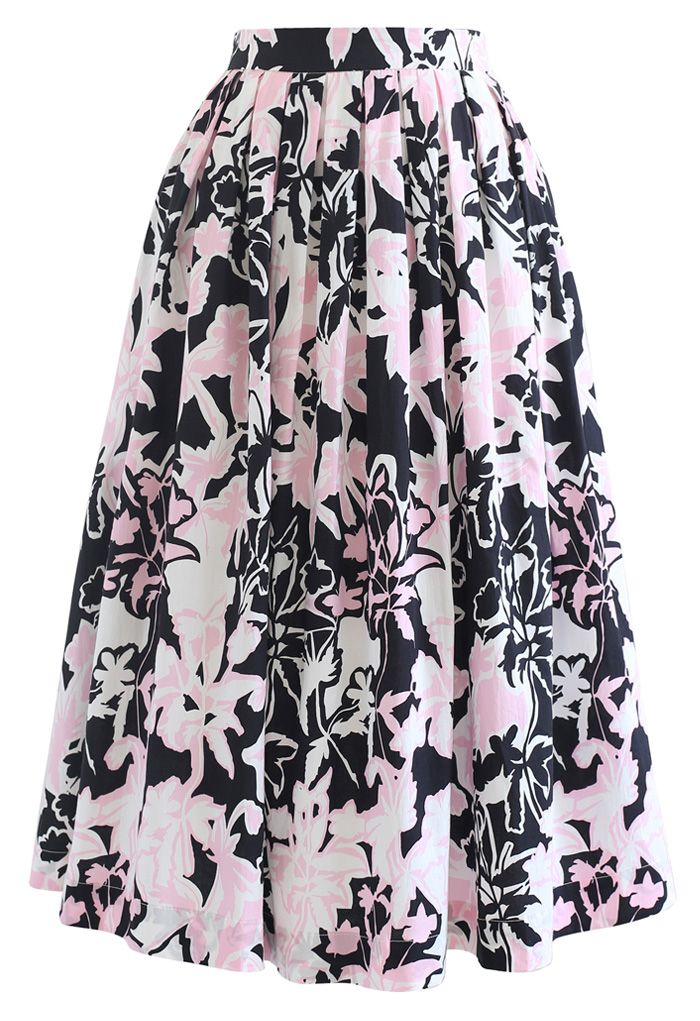 Summer Floral Print Pleated Midi Skirt in Black