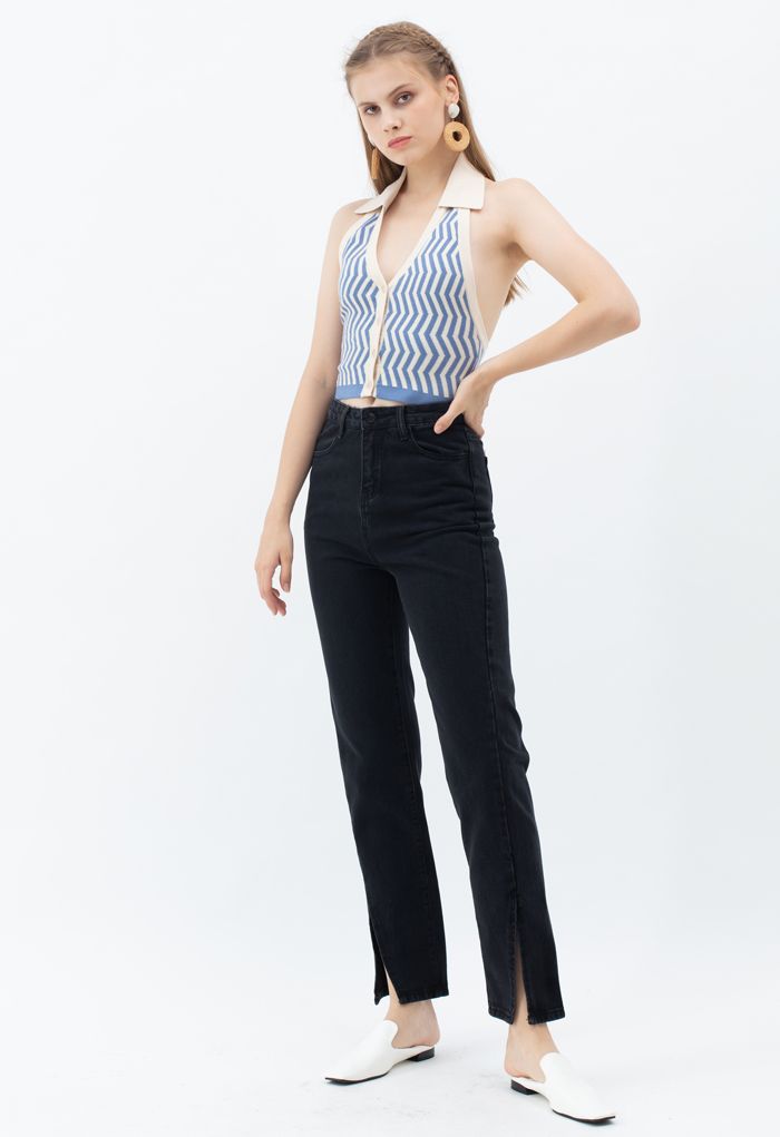 Slit Cuffs High Waist Soft Jeans in Black