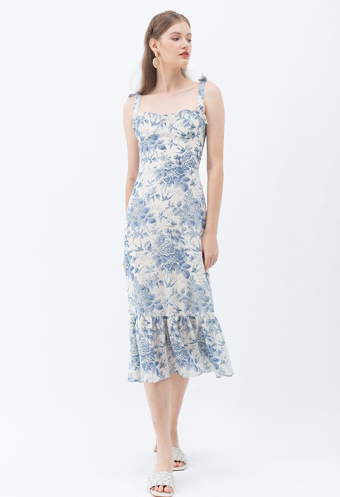 Swallow and Rose Printed Tie-Strap Midi Dress