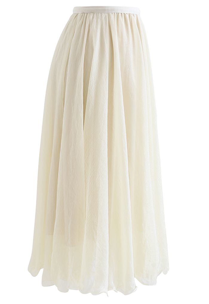 Subtle Shimmer Semi-Sheer Pleated Midi Skirt in Yellow