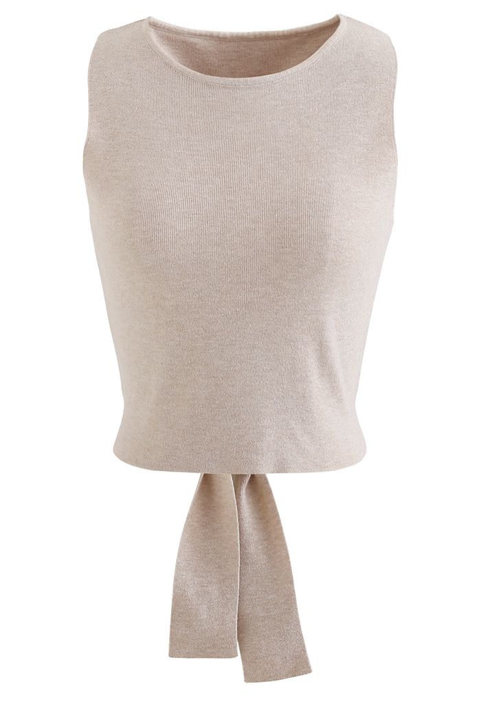 Bowknot Wrap Back Sleeveless Crop Knit Top in Linen