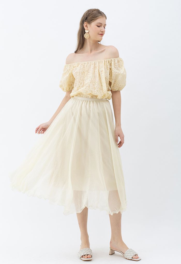 Subtle Shimmer Semi-Sheer Pleated Midi Skirt in Yellow