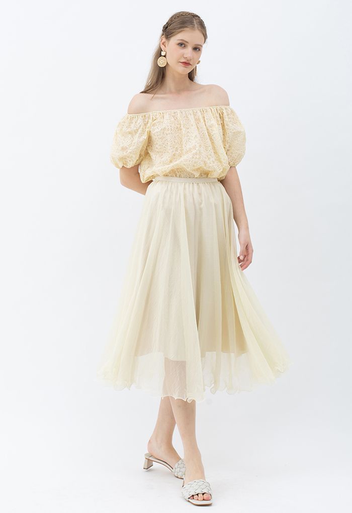 Subtle Shimmer Semi-Sheer Pleated Midi Skirt in Yellow