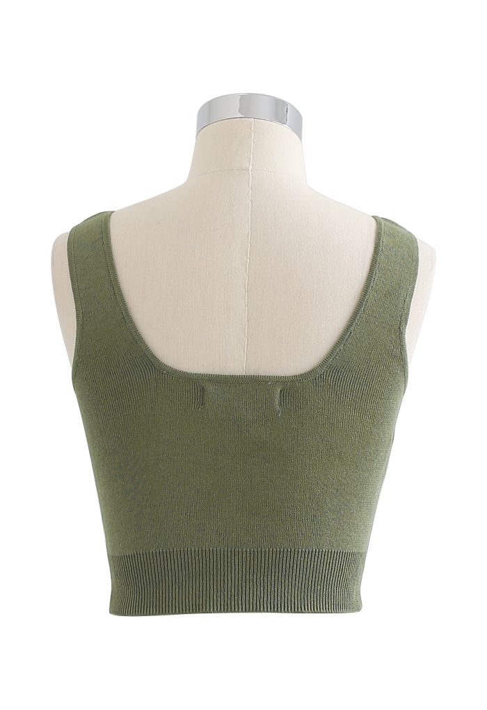 Ruched Front Knit Crop Tank Top in Army Green