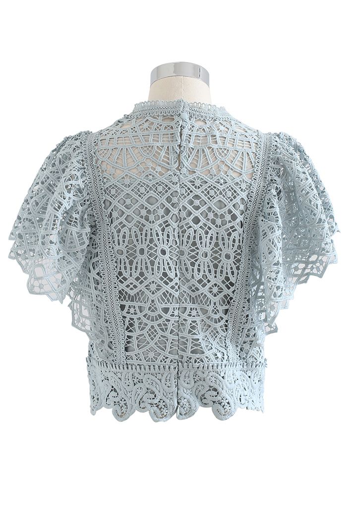 Ruffle Sleeves Full Crochet Crop Top in Dusty Blue