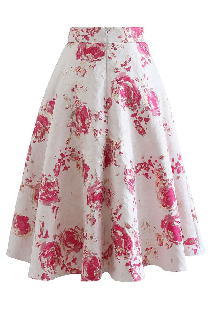 Reddish Rose Jacquard A-Line Midi Skirt