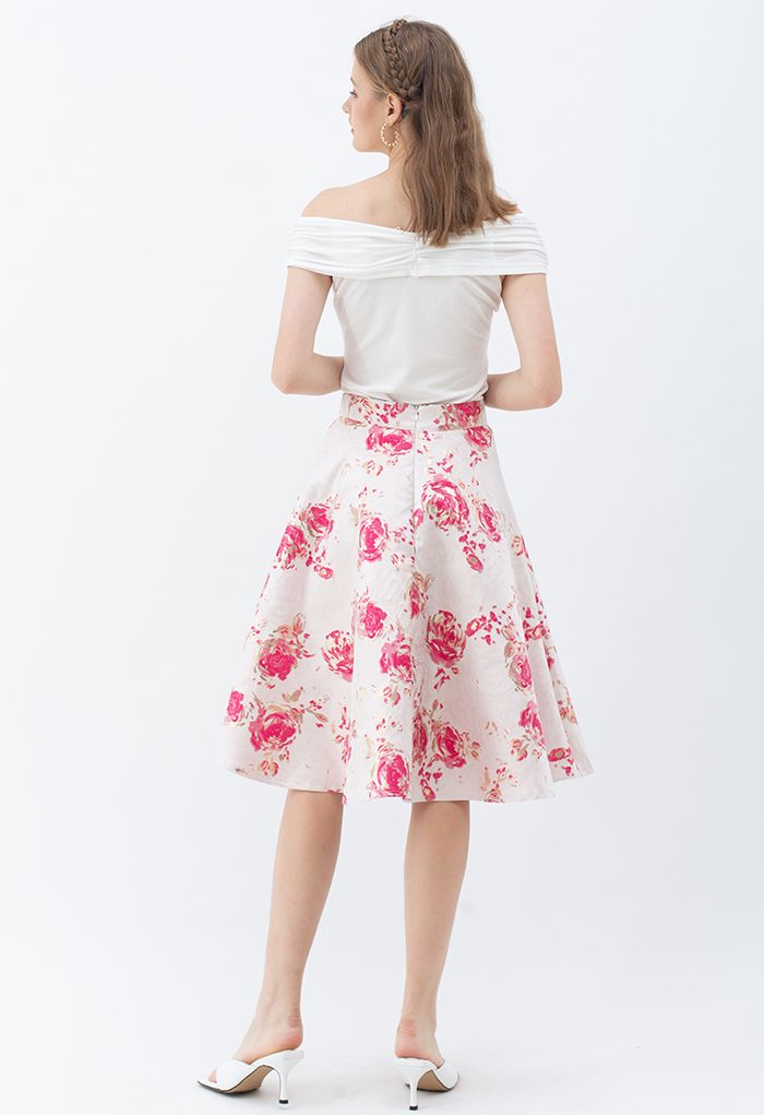 Reddish Rose Jacquard A-Line Midi Skirt