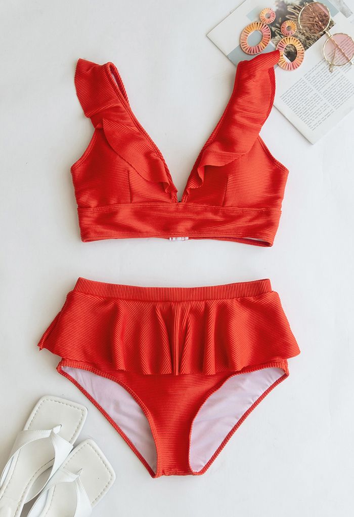 Zippered Back Ruffle Bikini Set in Orange