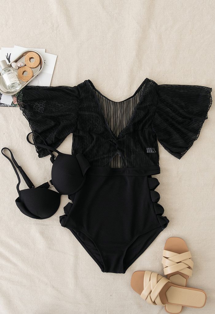 Detachable Bra and Lacy Swimsuit Set in Black