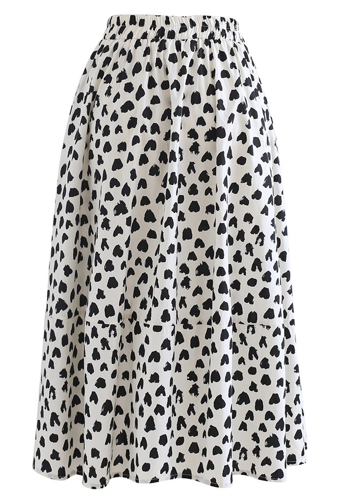 Lovely Heart Print Cotton Midi Skirt in Ivory