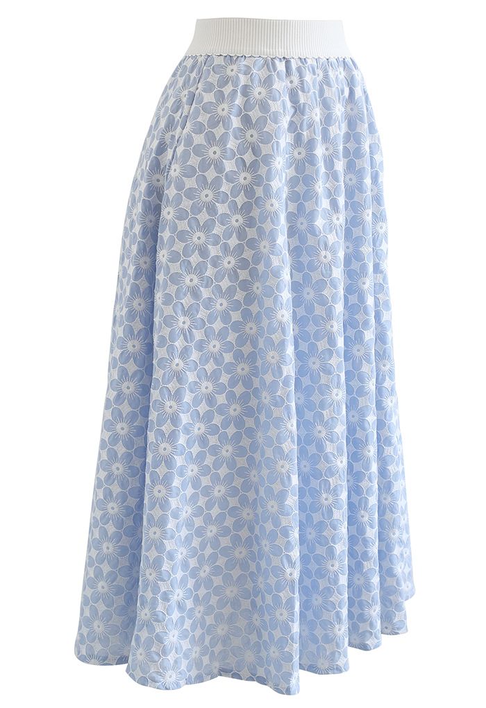 Embroidered Daisy Midi Skirt in Light Blue