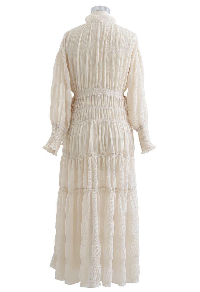 Full Shirring Side Drawstring Chiffon Dress in Cream