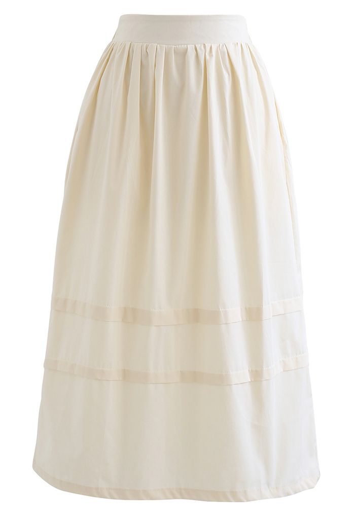 Pintuck Detail Decorated Midi Skirt in Cream