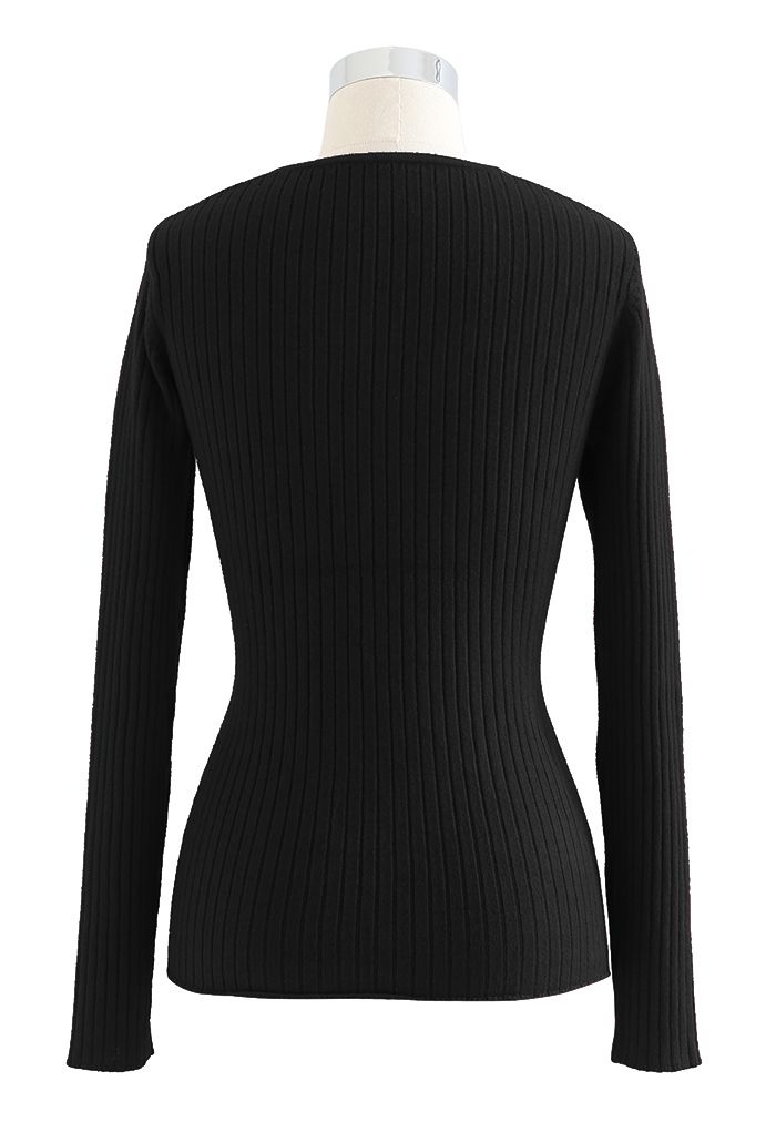 Crisscross Fitted Rib Knit Top in Black