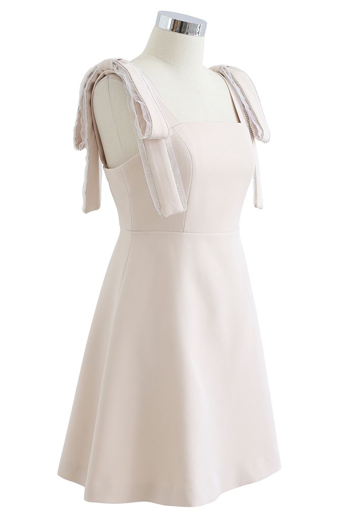 Bowknot Shoulder Crystal Edge Mini Dress in Cream