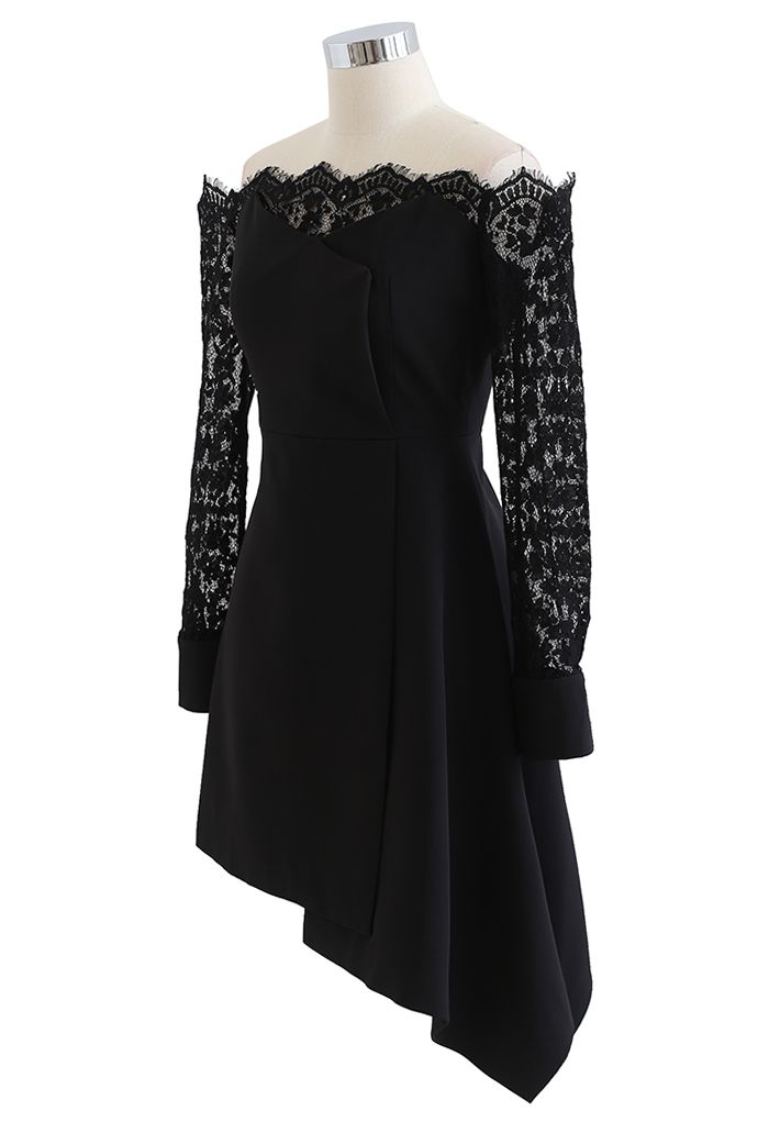 Lace Sleeves Off-Shoulder Asymmetric Flare Dress